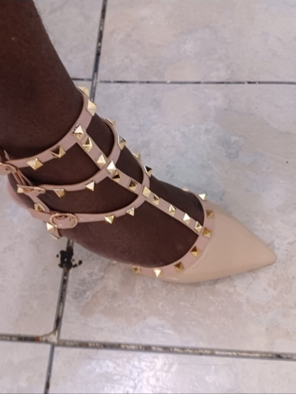 New In Box - June In Love Studded Patent T-Strap Pointed Flat - Apricot